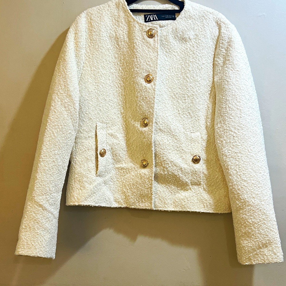 ZARA Women's Ivory Short Jacket M Button Front Long Sleeve Pockets